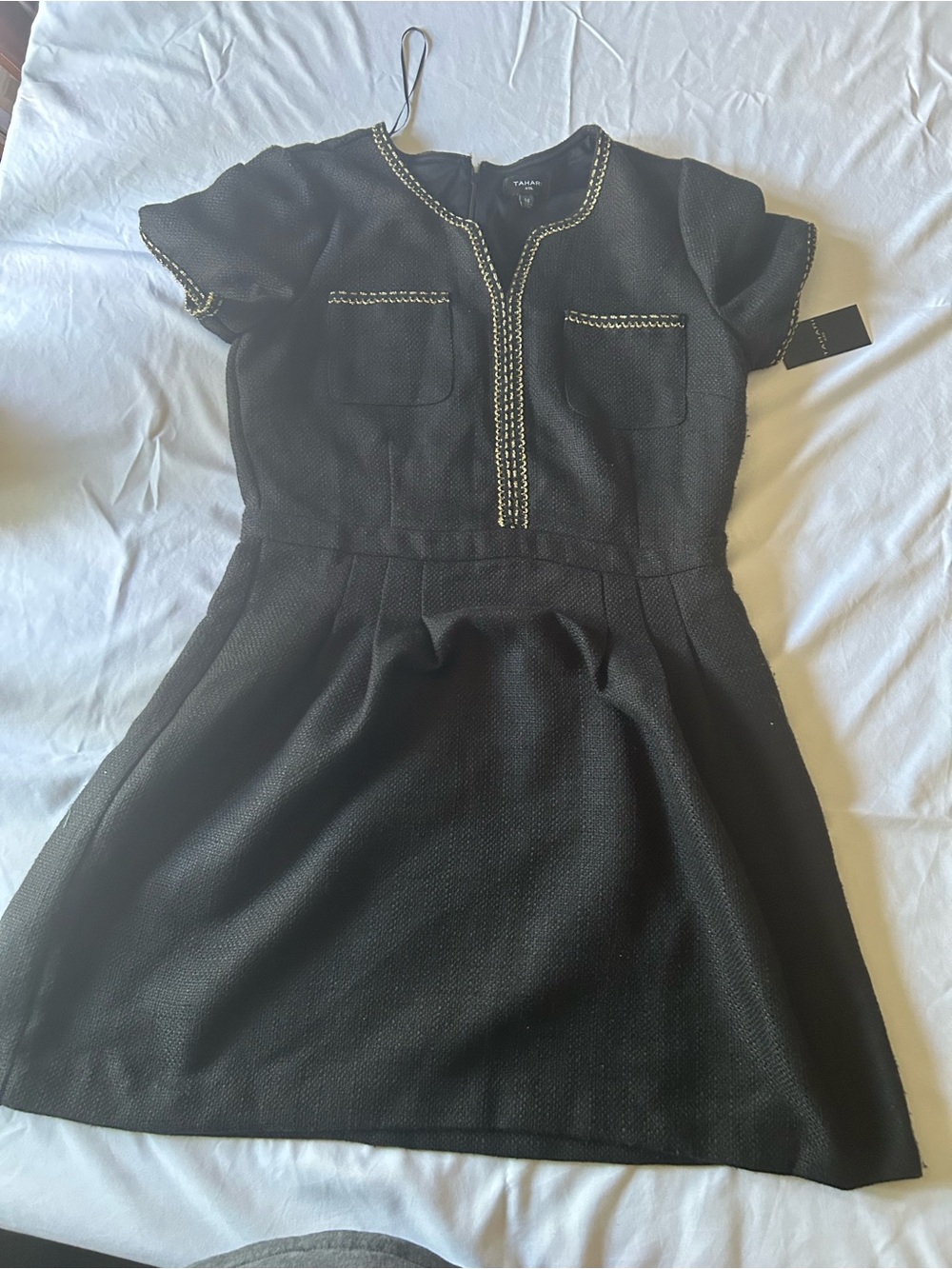 Tahari ASL Size 14 Black Gold Trim Textured Fit & Flare Dress NWT